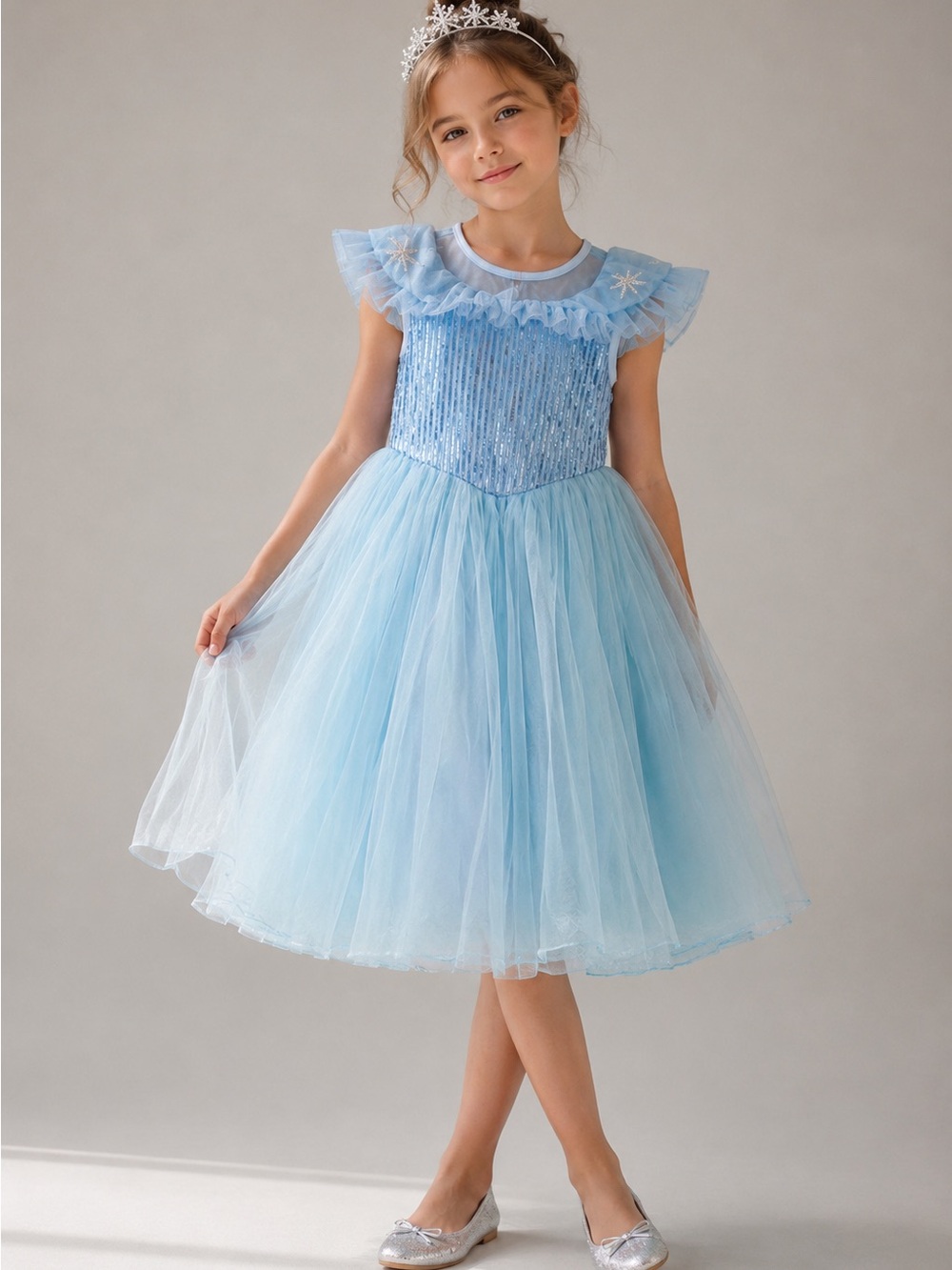 Ghnatygren Costume Dress Tulle Sequins Blue Snowflake Princess Gown